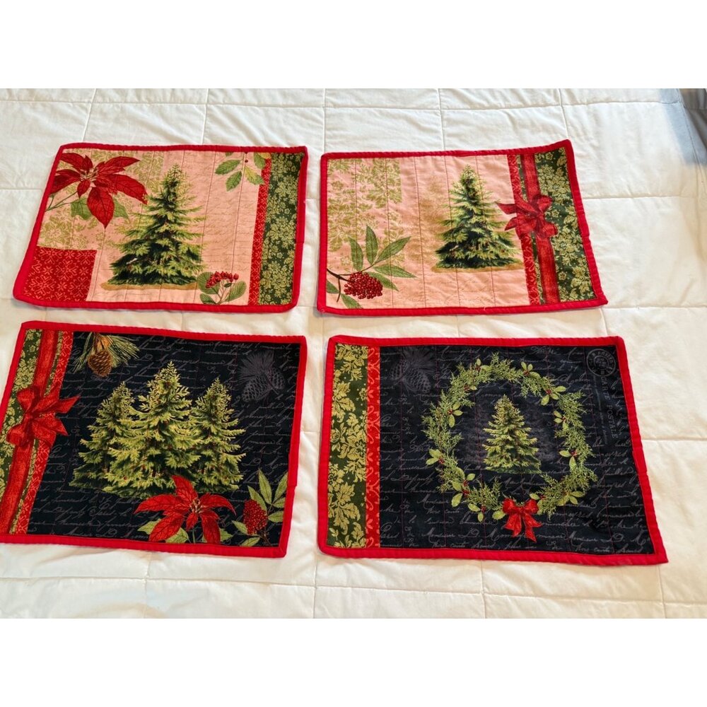 4 Handcrafted Quilted Carte Postel French Country Christmas Placemats Tree